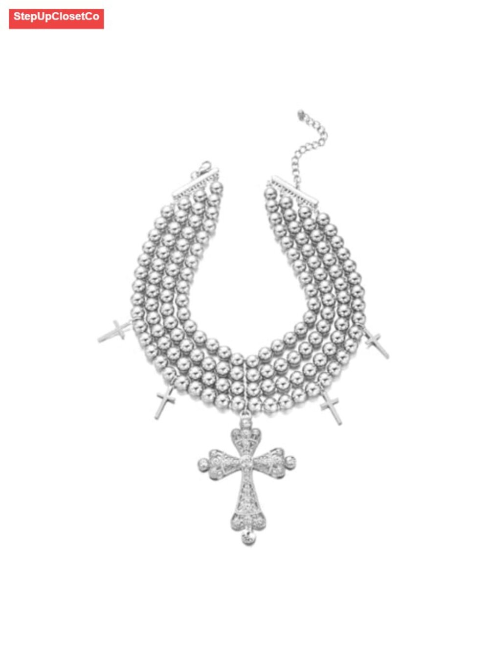 Chunky Cross Statement Necklace Layered Choker Beaded Pearl CZ Pendant Jewelry